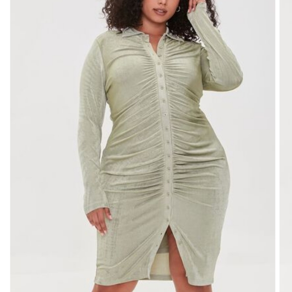 Forever 21 Plus size ruched pink long sleeve midi shirtdress size 0X New - Picture 4 of 8